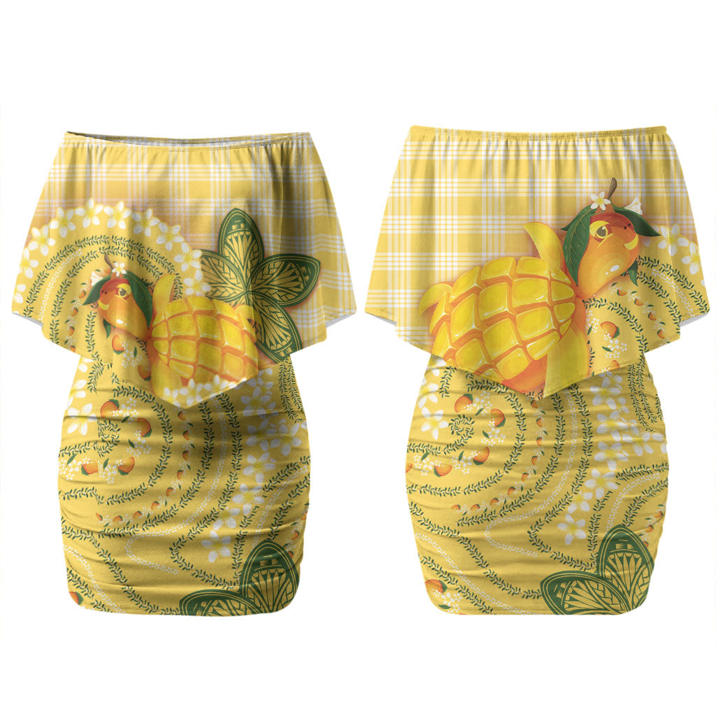 Hawaii Palaka Family Matching Off Shoulder Short Dress and Hawaiian Shirt Cute Ripe Mango Turtle On The Waves DT05 Mom's Dress Yellow - Polynesian Pride