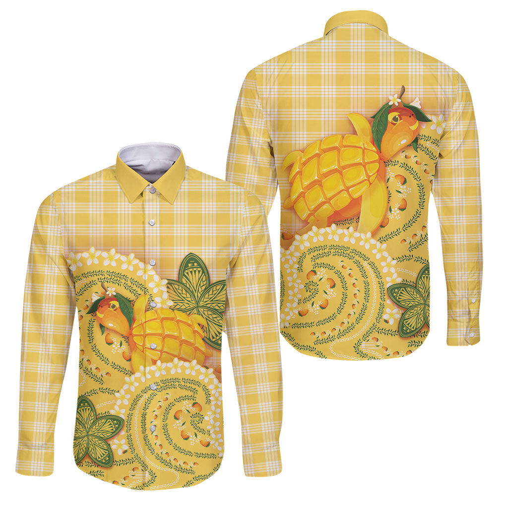 Hawaii Palaka Family Matching Puletasi and Hawaiian Shirt Cute Ripe Mango Turtle On The Waves DT05 Dad's Shirt - Long Sleeve Yellow - Polynesian Pride