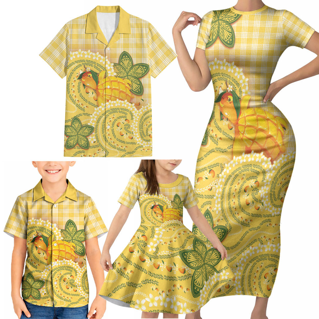 Hawaii Palaka Family Matching Short Sleeve Bodycon Dress and Hawaiian Shirt Cute Ripe Mango Turtle On The Waves DT05 - Polynesian Pride