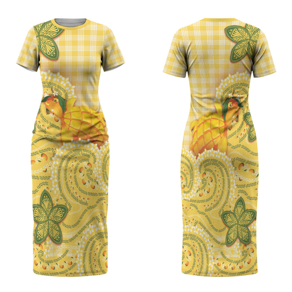 Hawaii Palaka Family Matching Short Sleeve Bodycon Dress and Hawaiian Shirt Cute Ripe Mango Turtle On The Waves DT05 Mom's Dress Yellow - Polynesian Pride