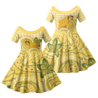 Hawaii Palaka Family Matching Short Sleeve Bodycon Dress and Hawaiian Shirt Cute Ripe Mango Turtle On The Waves DT05 Daughter's Dress Yellow - Polynesian Pride