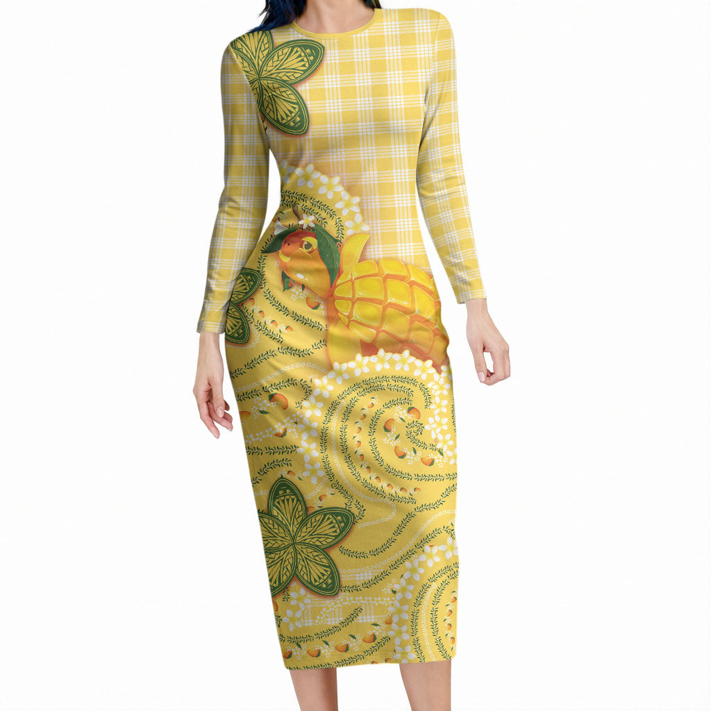 Hawaii Palaka Long Sleeve Bodycon Dress Cute Ripe Mango Turtle On The Waves