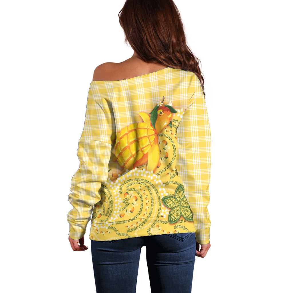 Hawaii Palaka Off Shoulder Sweater Cute Ripe Mango Turtle On The Waves DT05 - Polynesian Pride