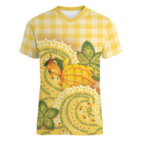 Hawaii Palaka Women V-Neck T-Shirt Cute Ripe Mango Turtle On The Waves DT05 Female Yellow - Polynesian Pride