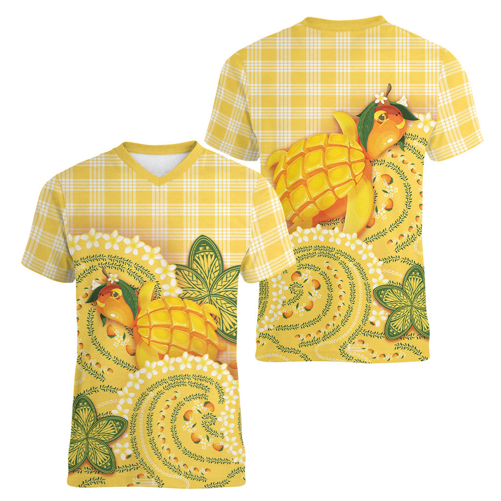 Hawaii Palaka Women V-Neck T-Shirt Cute Ripe Mango Turtle On The Waves DT05 - Polynesian Pride