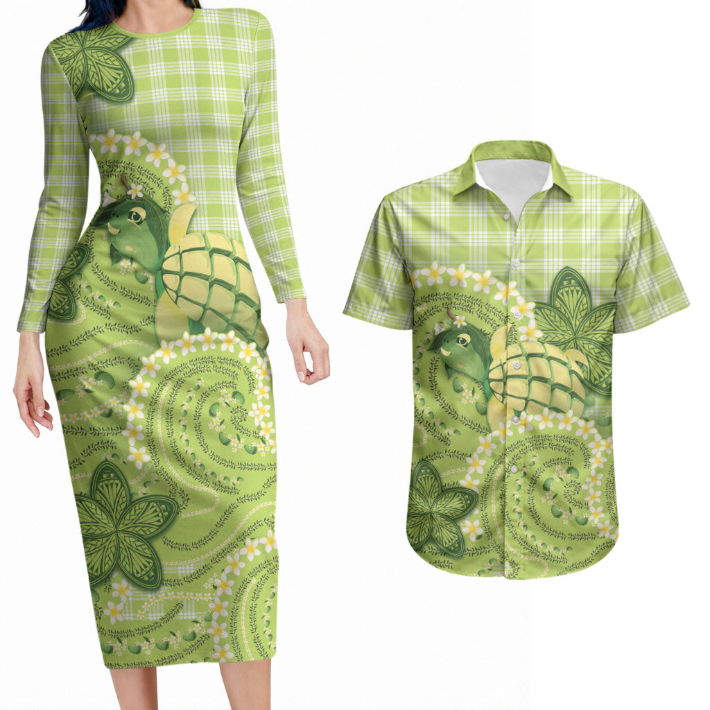 Hawaii Palaka Couples Matching Long Sleeve Bodycon Dress and Hawaiian Shirt Cute Green Mango Turtle On The Waves DT05 Green - Polynesian Pride