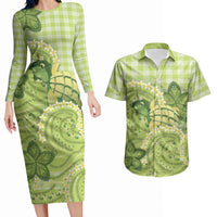 Hawaii Palaka Couples Matching Long Sleeve Bodycon Dress and Hawaiian Shirt Cute Green Mango Turtle On The Waves DT05 Green - Polynesian Pride