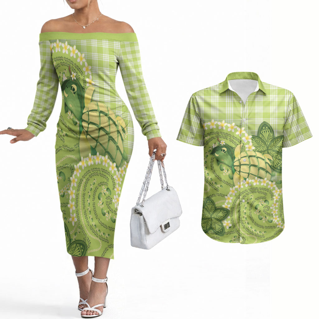 Hawaii Palaka Couples Matching Off The Shoulder Long Sleeve Dress and Hawaiian Shirt Cute Green Mango Turtle On The Waves DT05 Green - Polynesian Pride