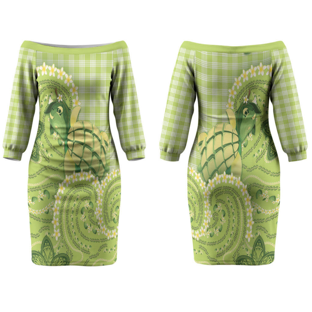 Hawaii Palaka Couples Matching Off The Shoulder Long Sleeve Dress and Hawaiian Shirt Cute Green Mango Turtle On The Waves DT05 - Polynesian Pride