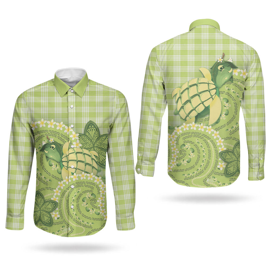 Hawaii Palaka Couples Matching Off The Shoulder Long Sleeve Dress and Long Sleeve Button Shirt Cute Green Mango Turtle On The Waves DT05 - Polynesian Pride