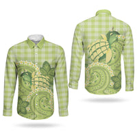 Hawaii Palaka Couples Matching Off The Shoulder Long Sleeve Dress and Long Sleeve Button Shirt Cute Green Mango Turtle On The Waves DT05 - Polynesian Pride