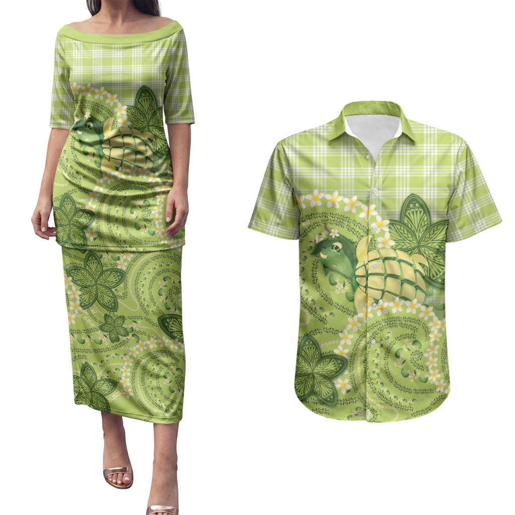 Hawaii Palaka Couples Matching Puletasi and Hawaiian Shirt Cute Green Mango Turtle On The Waves DT05 Green - Polynesian Pride