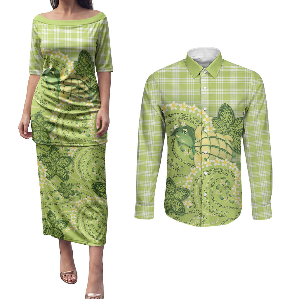 Hawaii Palaka Couples Matching Puletasi and Long Sleeve Button Shirt Cute Green Mango Turtle On The Waves DT05 Green - Polynesian Pride