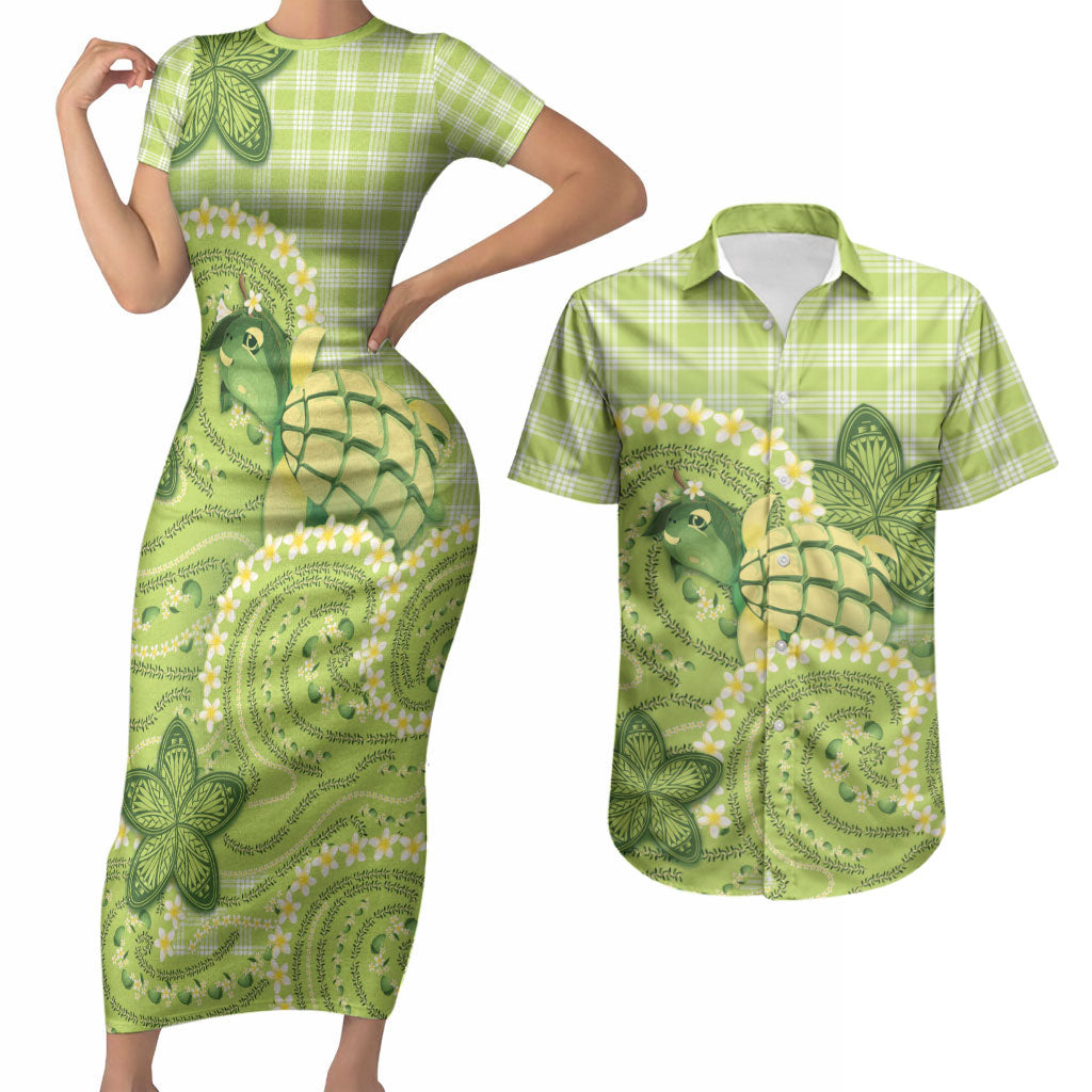 Hawaii Palaka Couples Matching Short Sleeve Bodycon Dress and Hawaiian Shirt Cute Green Mango Turtle On The Waves DT05 Green - Polynesian Pride
