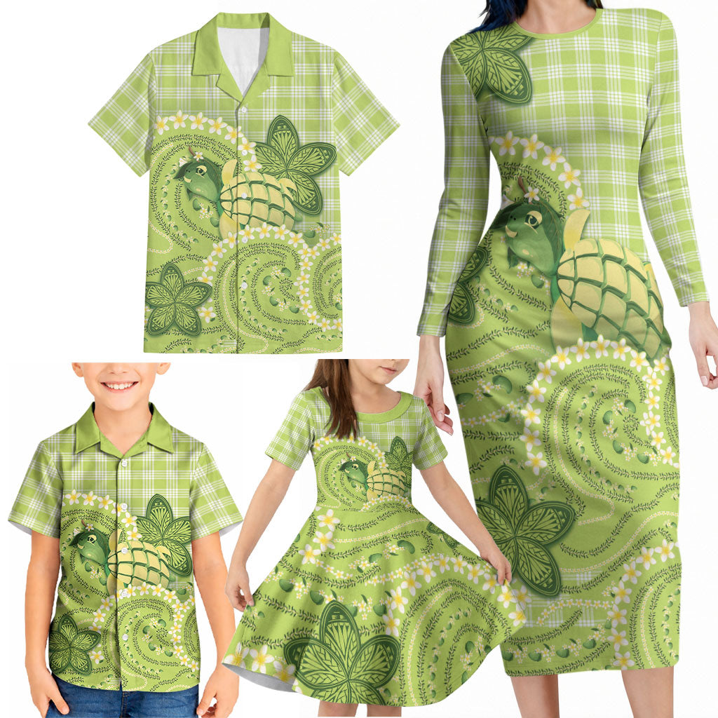 Hawaii Palaka Family Matching Long Sleeve Bodycon Dress and Hawaiian Shirt Cute Green Mango Turtle On The Waves DT05 - Polynesian Pride