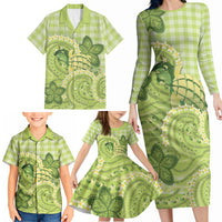 Hawaii Palaka Family Matching Long Sleeve Bodycon Dress and Hawaiian Shirt Cute Green Mango Turtle On The Waves DT05 - Polynesian Pride