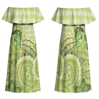 Hawaii Palaka Family Matching Off Shoulder Maxi Dress and Hawaiian Shirt Cute Green Mango Turtle On The Waves DT05 Mom's Dress Green - Polynesian Pride