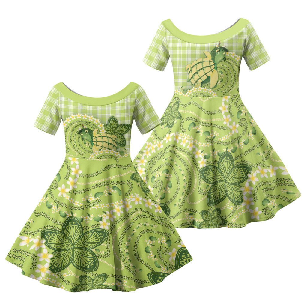 Hawaii Palaka Family Matching Off Shoulder Short Dress and Hawaiian Shirt Cute Green Mango Turtle On The Waves DT05 Daughter's Dress Green - Polynesian Pride
