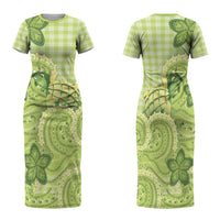 Hawaii Palaka Family Matching Short Sleeve Bodycon Dress and Hawaiian Shirt Cute Green Mango Turtle On The Waves DT05 Mom's Dress Green - Polynesian Pride