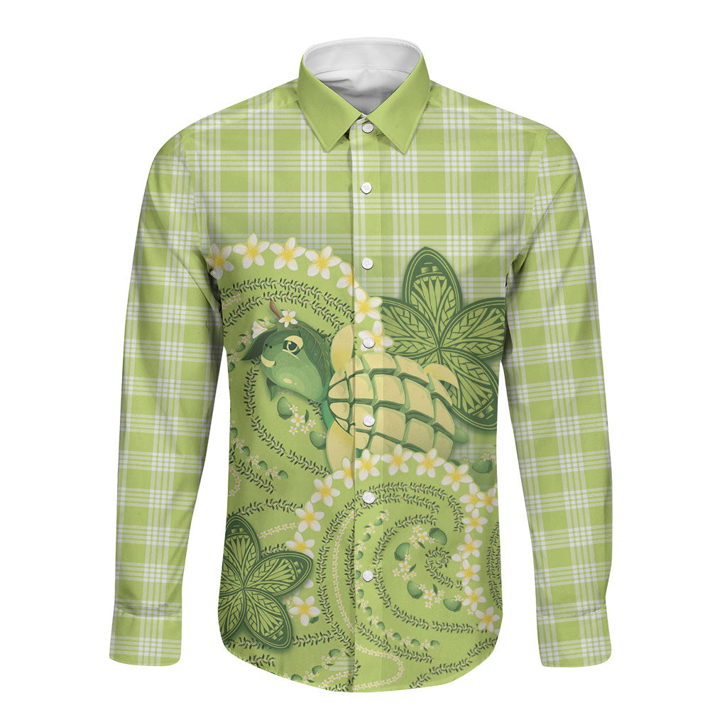 Hawaii Palaka Long Sleeve Button Shirt Cute Green Mango Turtle On The Waves DT05 Unisex Green - Polynesian Pride