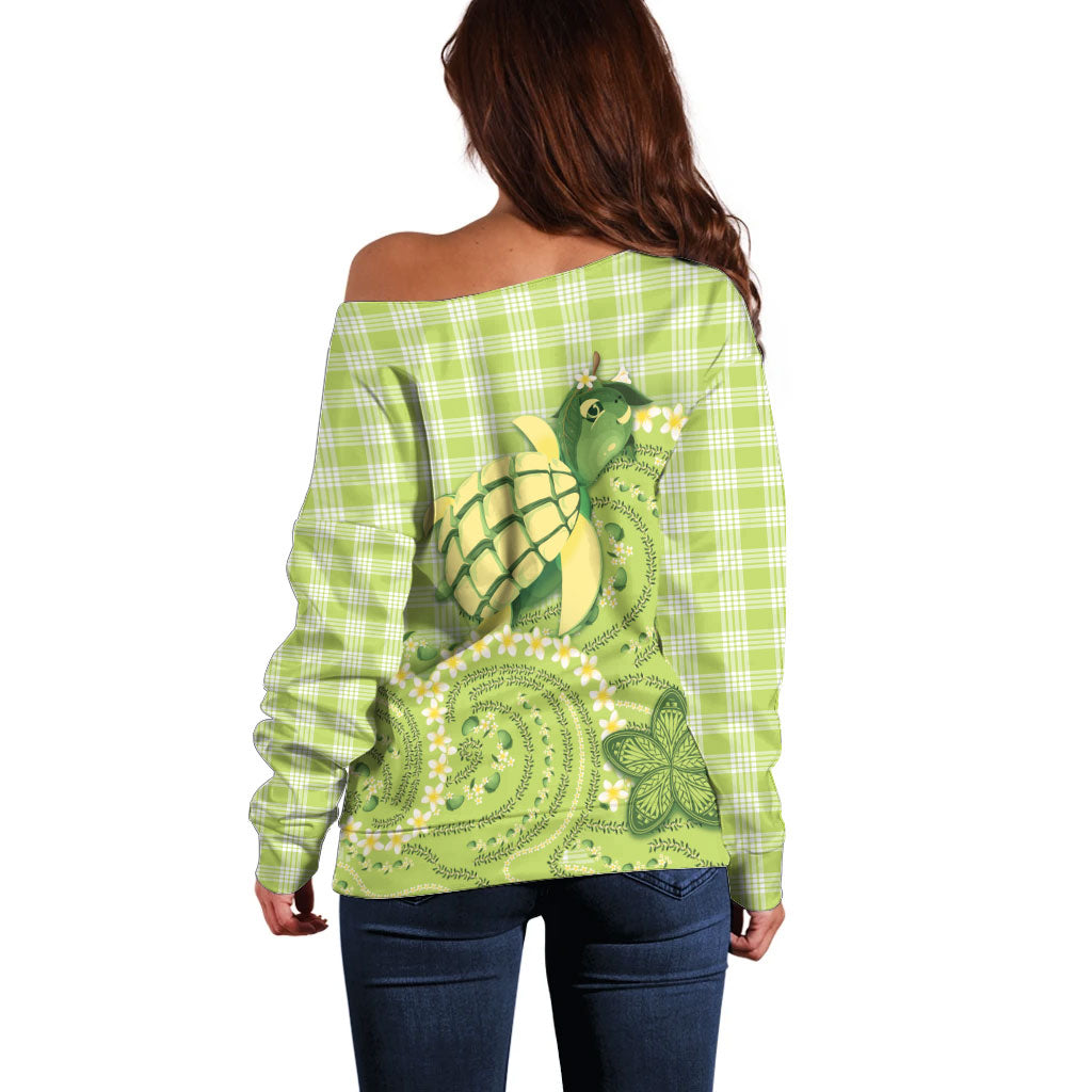 Hawaii Palaka Off Shoulder Sweater Cute Green Mango Turtle On The Waves DT05 - Polynesian Pride