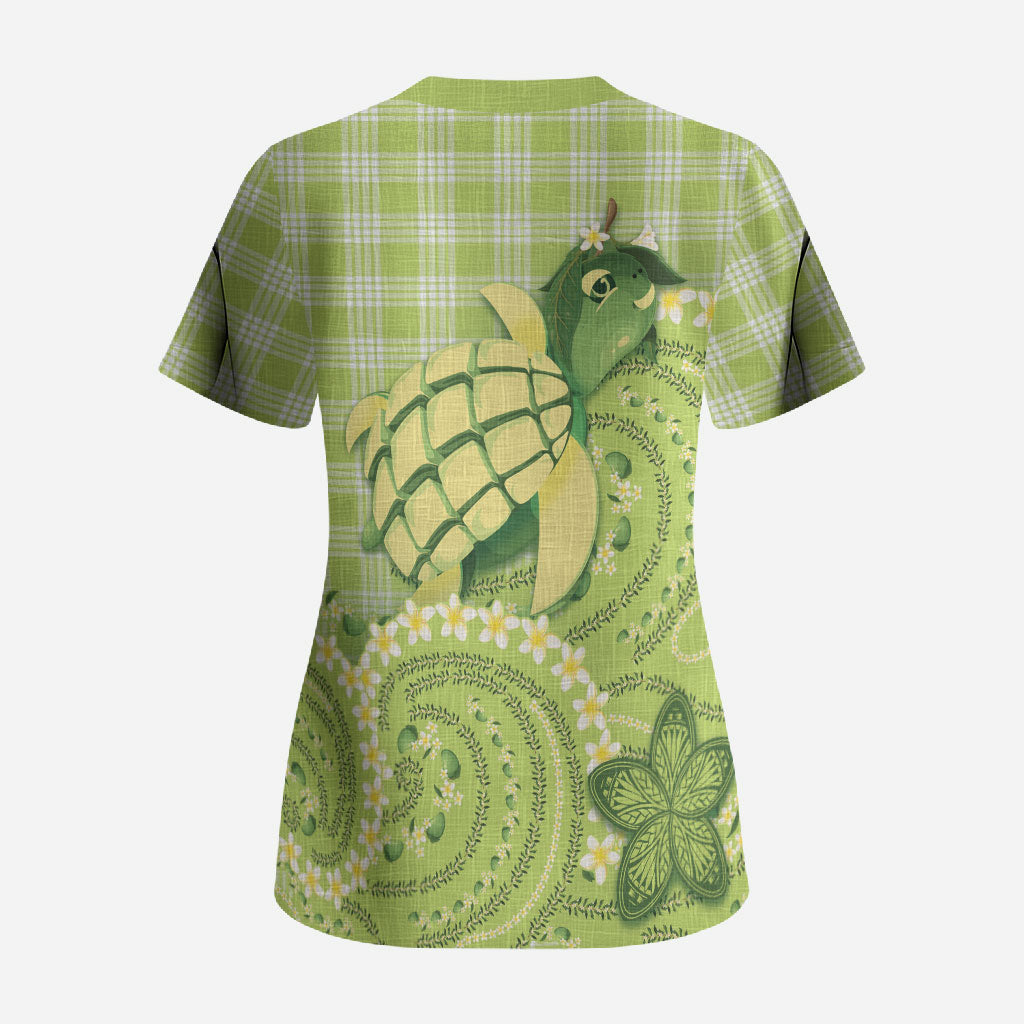 Hawaii Palaka Scrub Top Cute Green Mango Turtle On The Waves DT05 - Polynesian Pride