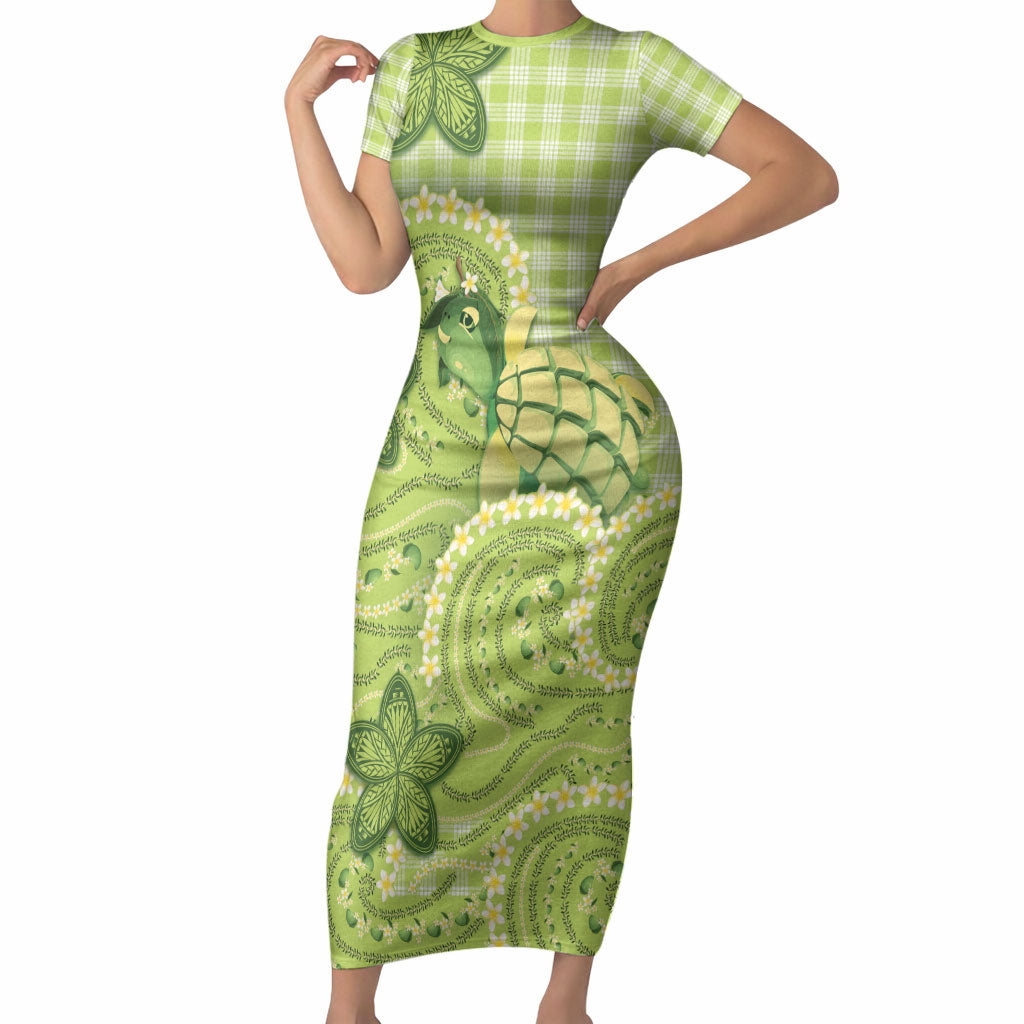 Hawaii Palaka Short Sleeve Bodycon Dress Cute Green Mango Turtle On The Waves