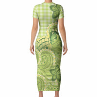 Hawaii Palaka Short Sleeve Bodycon Dress Cute Green Mango Turtle On The Waves