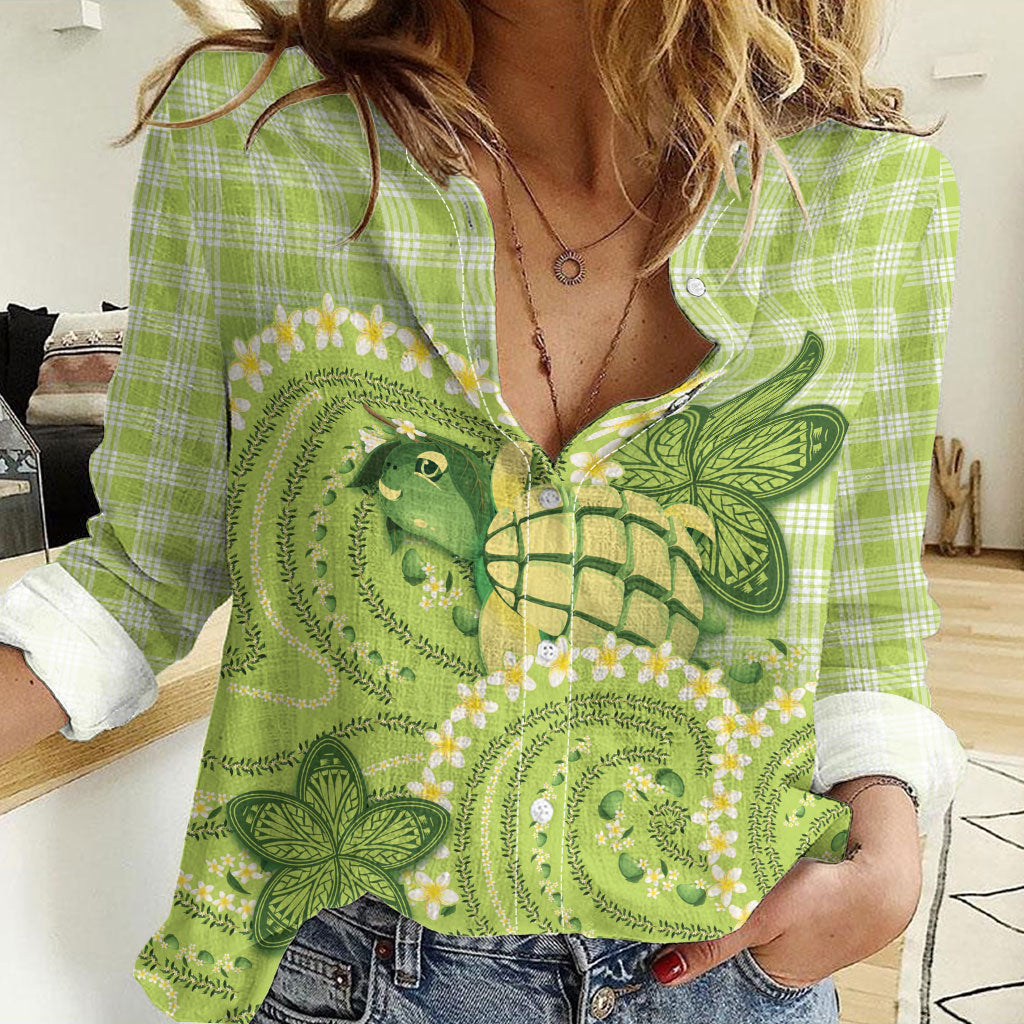 Hawaii Palaka Women Casual Shirt Cute Green Mango Turtle On The Waves