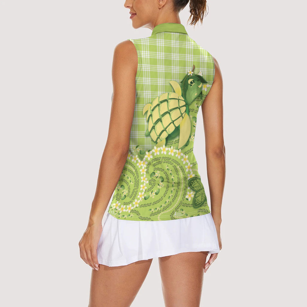Hawaii Palaka Women Sleeveless Polo Shirt Cute Green Mango Turtle On The Waves DT05 - Polynesian Pride