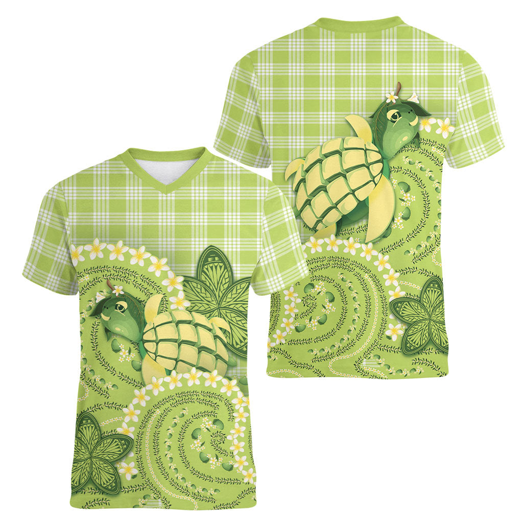 Hawaii Palaka Women V-Neck T-Shirt Cute Green Mango Turtle On The Waves DT05 - Polynesian Pride