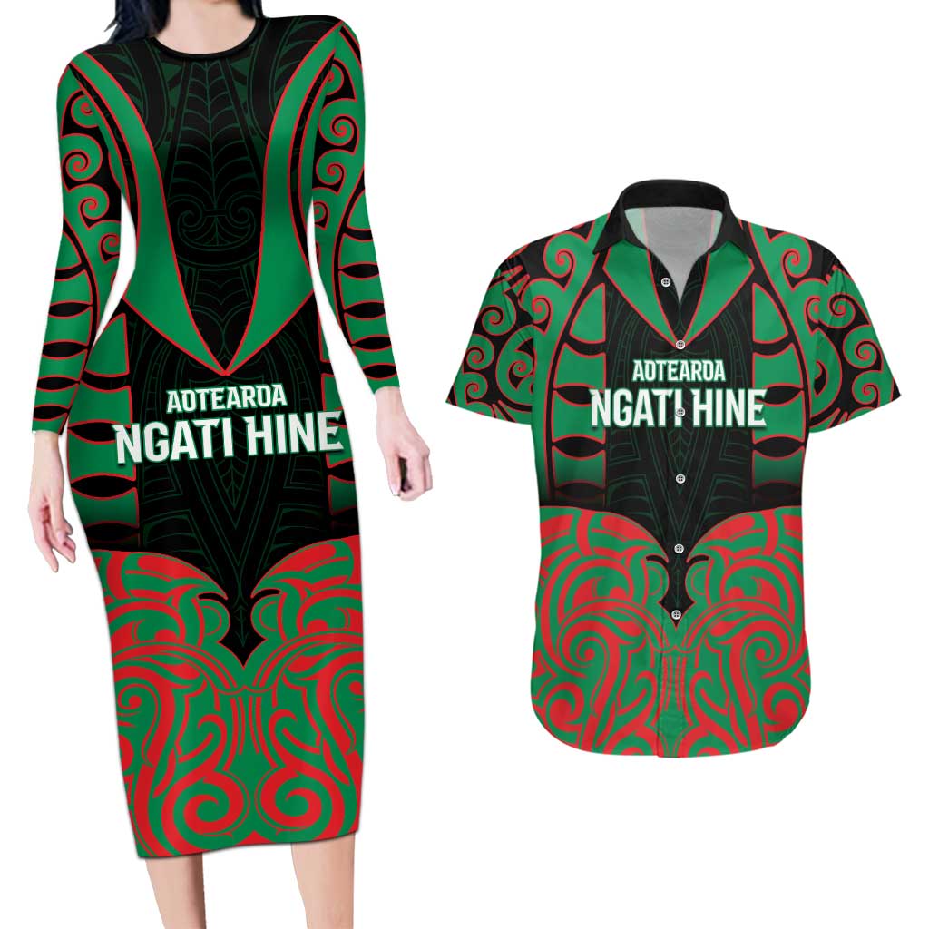 Custom Aotearoa Ngati Hine Couples Matching Long Sleeve Bodycon Dress and Hawaiian Shirt Maori Pattern New Zealand - Polynesian Pride