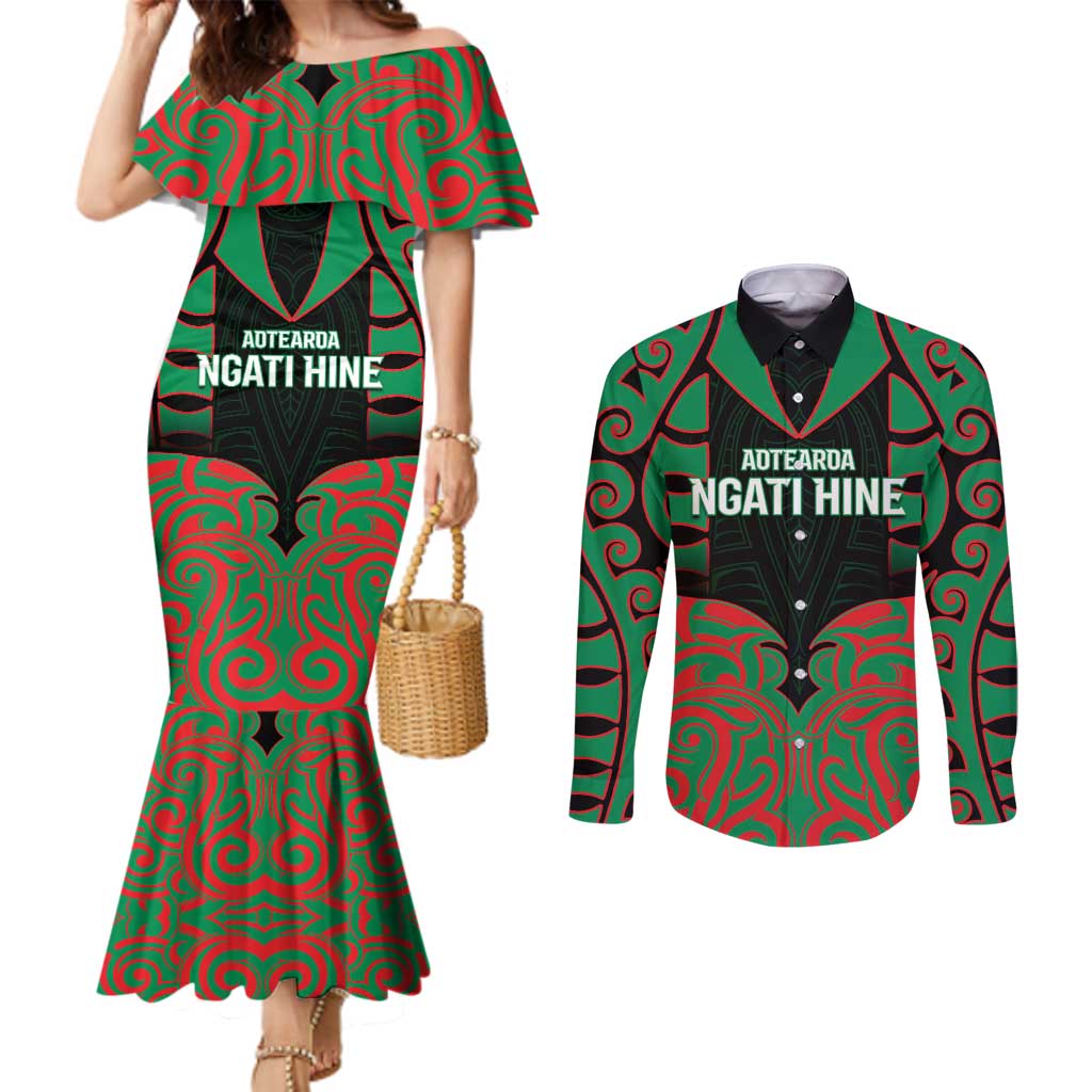 Custom Aotearoa Ngati Hine Couples Matching Mermaid Dress and Long Sleeve Button Shirt Maori Pattern New Zealand - Polynesian Pride