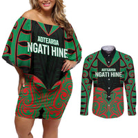 Custom Aotearoa Ngati Hine Couples Matching Off Shoulder Short Dress and Long Sleeve Button Shirt Maori Pattern New Zealand - Polynesian Pride