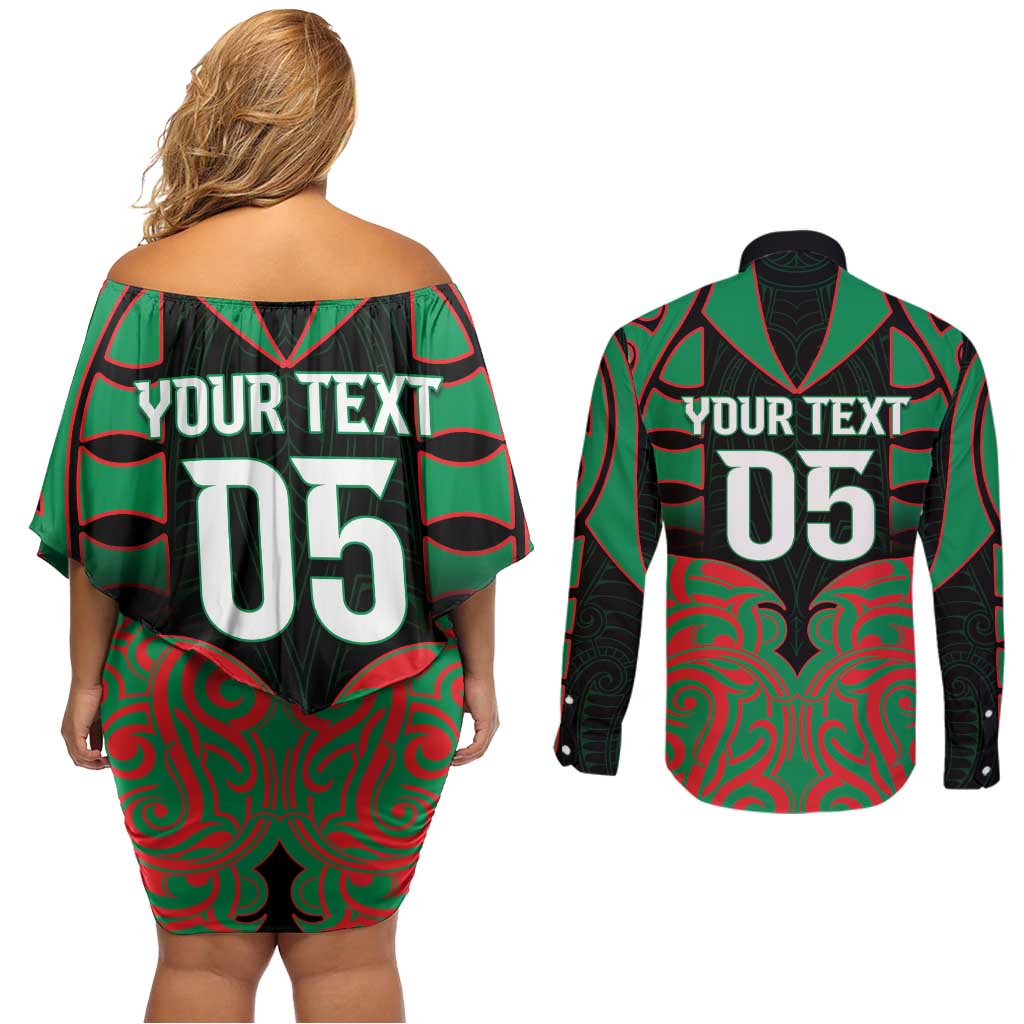 Custom Aotearoa Ngati Hine Couples Matching Off Shoulder Short Dress and Long Sleeve Button Shirt Maori Pattern New Zealand - Polynesian Pride