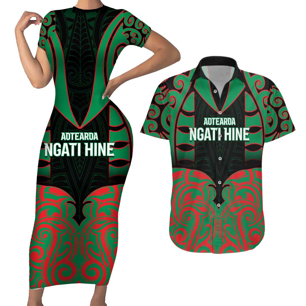 Custom Aotearoa Ngati Hine Couples Matching Short Sleeve Bodycon Dress and Hawaiian Shirt Maori Pattern New Zealand - Polynesian Pride