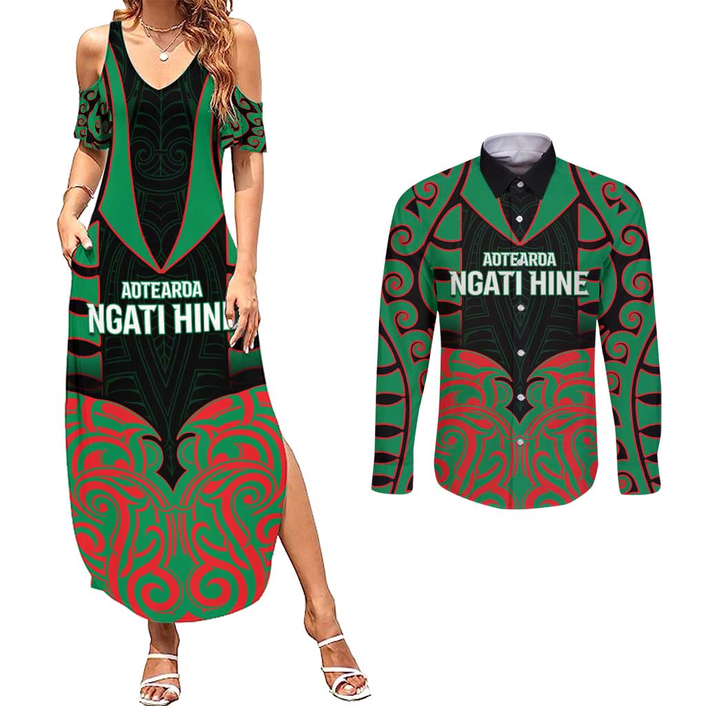 Custom Aotearoa Ngati Hine Couples Matching Summer Maxi Dress and Long Sleeve Button Shirt Maori Pattern New Zealand - Polynesian Pride