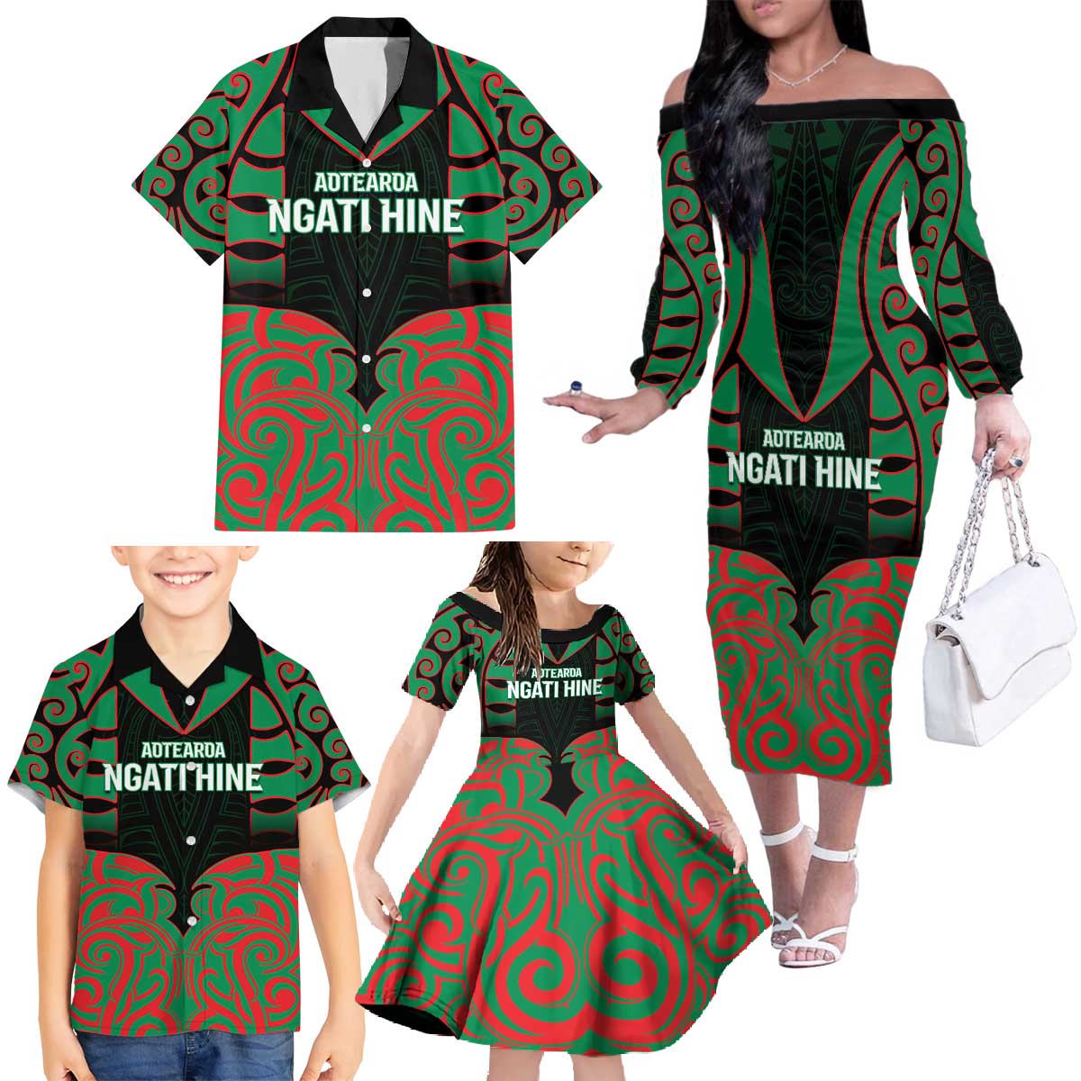 Custom Aotearoa Ngati Hine Family Matching Off The Shoulder Long Sleeve Dress and Hawaiian Shirt Maori Pattern New Zealand - Polynesian Pride