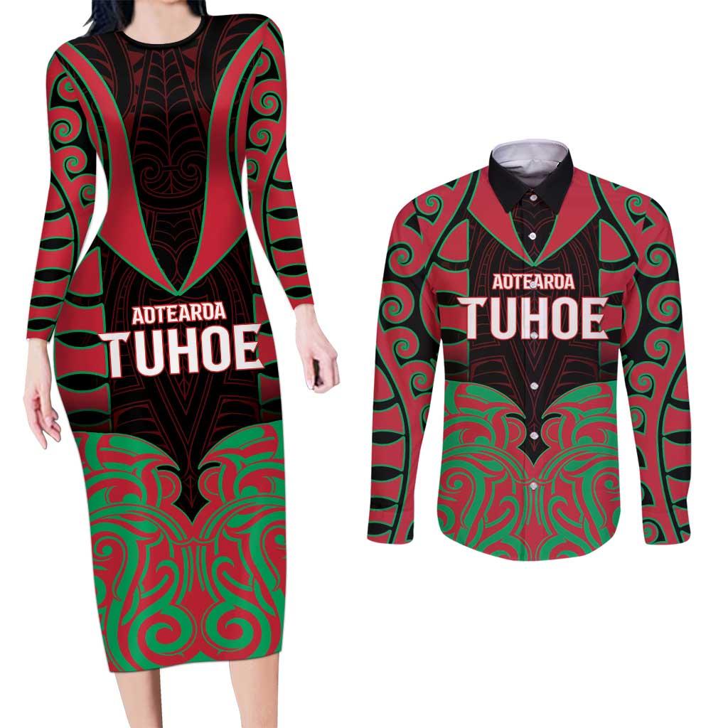 Custom Aotearoa Tuhoe Couples Matching Long Sleeve Bodycon Dress and Long Sleeve Button Shirt Maori Pattern New Zealand - Polynesian Pride
