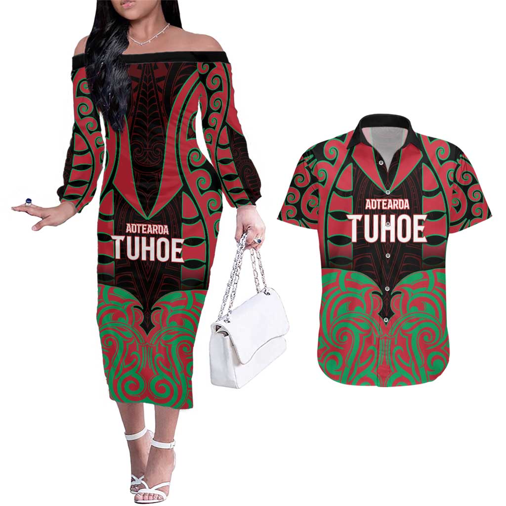 Custom Aotearoa Tuhoe Couples Matching Off The Shoulder Long Sleeve Dress and Hawaiian Shirt Maori Pattern New Zealand - Polynesian Pride