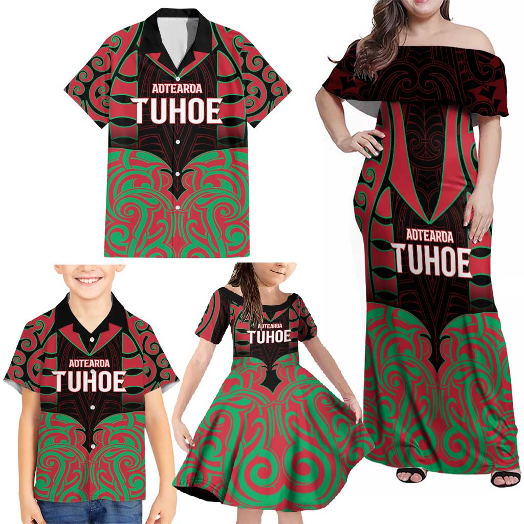 Custom Aotearoa Tuhoe Family Matching Off Shoulder Maxi Dress and Hawaiian Shirt Maori Pattern New Zealand - Polynesian Pride