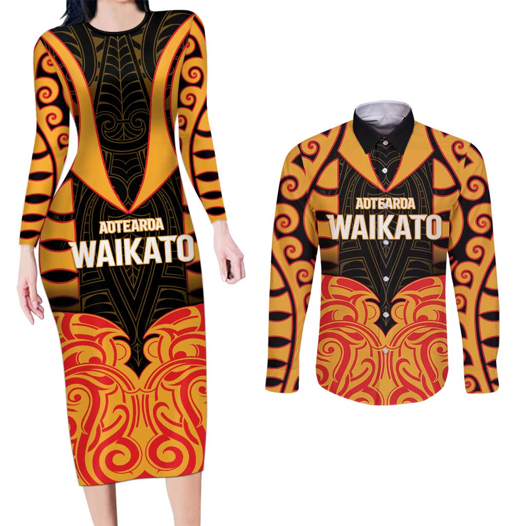 Custom Aotearoa Waikato Couples Matching Long Sleeve Bodycon Dress and Long Sleeve Button Shirt Maori Pattern New Zealand - Polynesian Pride