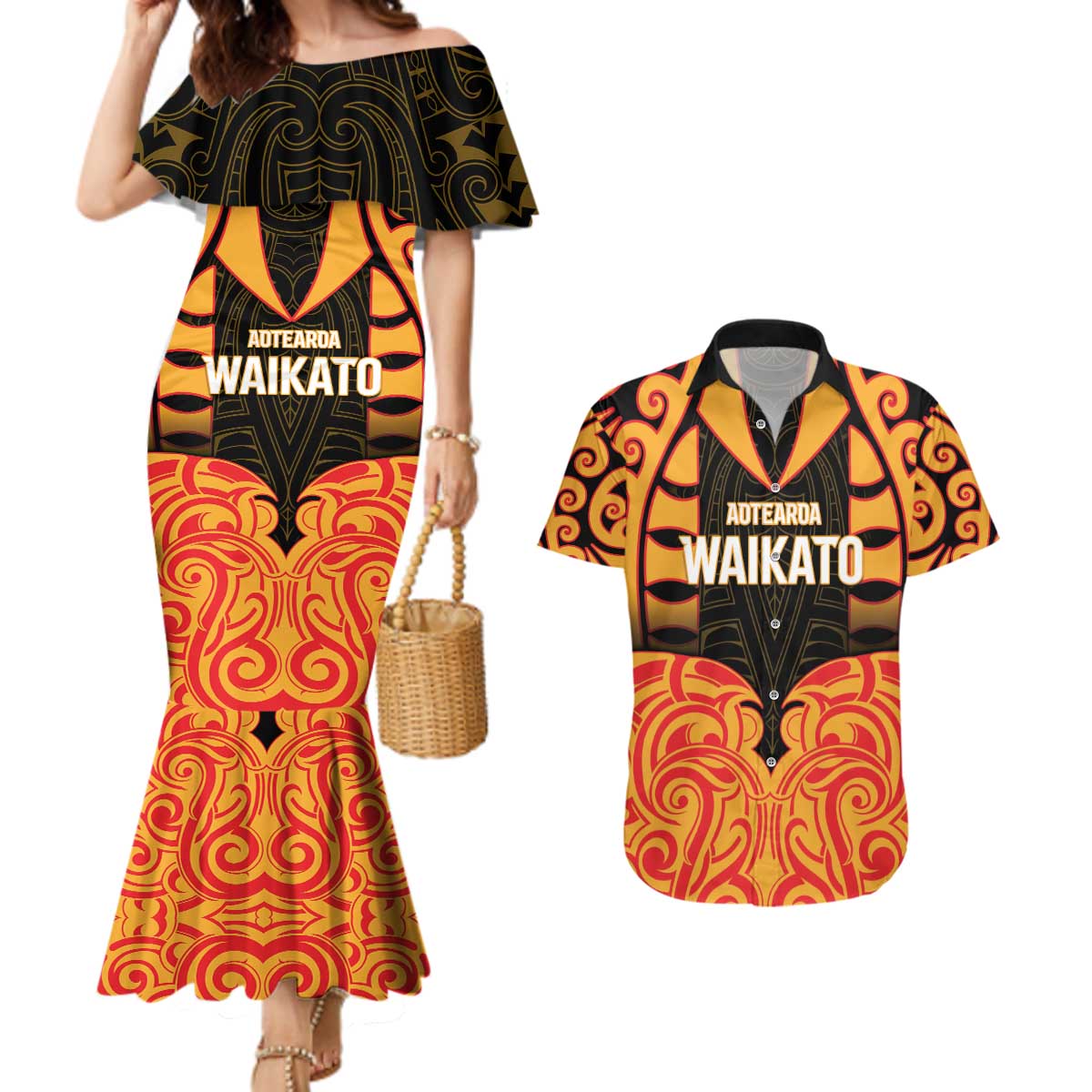 Custom Aotearoa Waikato Couples Matching Mermaid Dress and Hawaiian Shirt Maori Pattern New Zealand - Polynesian Pride
