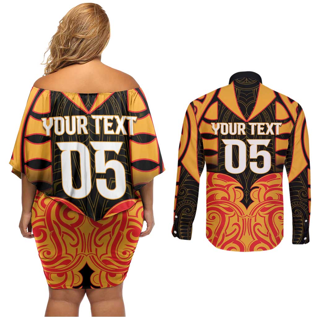 Custom Aotearoa Waikato Couples Matching Off Shoulder Short Dress and Long Sleeve Button Shirt Maori Pattern New Zealand - Polynesian Pride