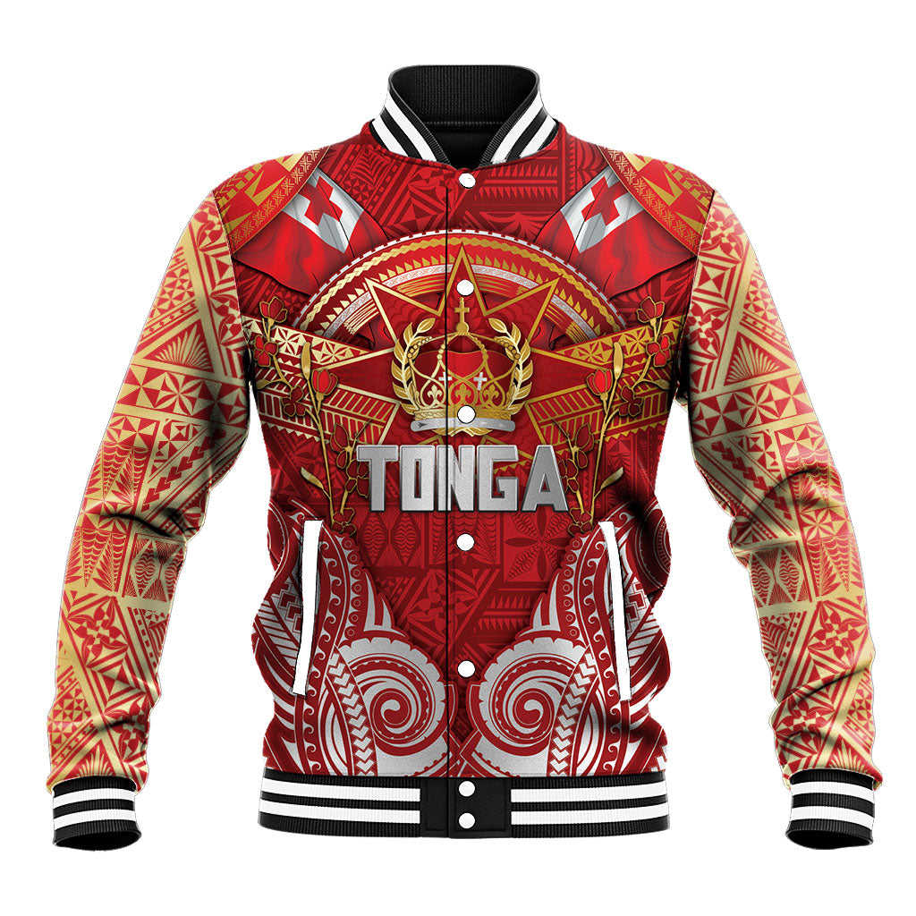 Tonga King's Birthday Baseball Jacket Gold Royal Crown Tribal Patterns DT05 Unisex Red - Polynesian Pride