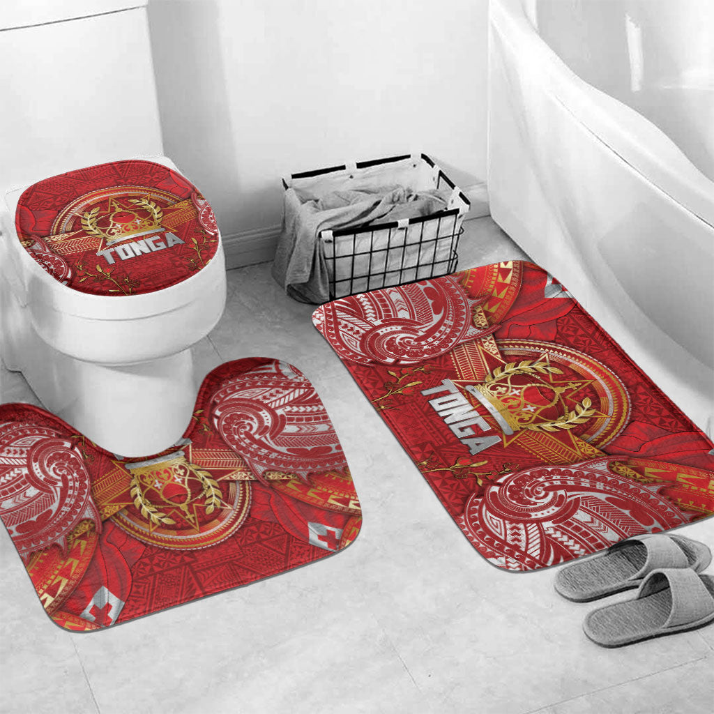 Tonga King's Birthday Bathroom Set Gold Royal Crown Tribal Patterns DT05 Mat Set Only (3 pcs) One Size Red - Polynesian Pride