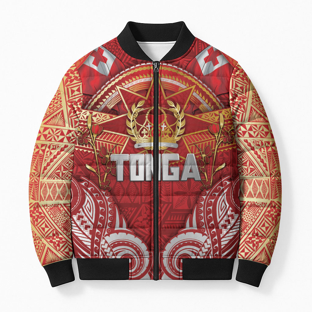 Tonga King's Birthday Bomber Puffer Jacket Gold Royal Crown Tribal Patterns DT05 Unisex Red - Polynesian Pride