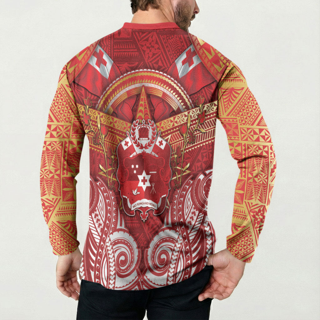 Tonga King's Birthday Button Sweatshirt Gold Royal Crown Tribal Patterns DT05 - Polynesian Pride