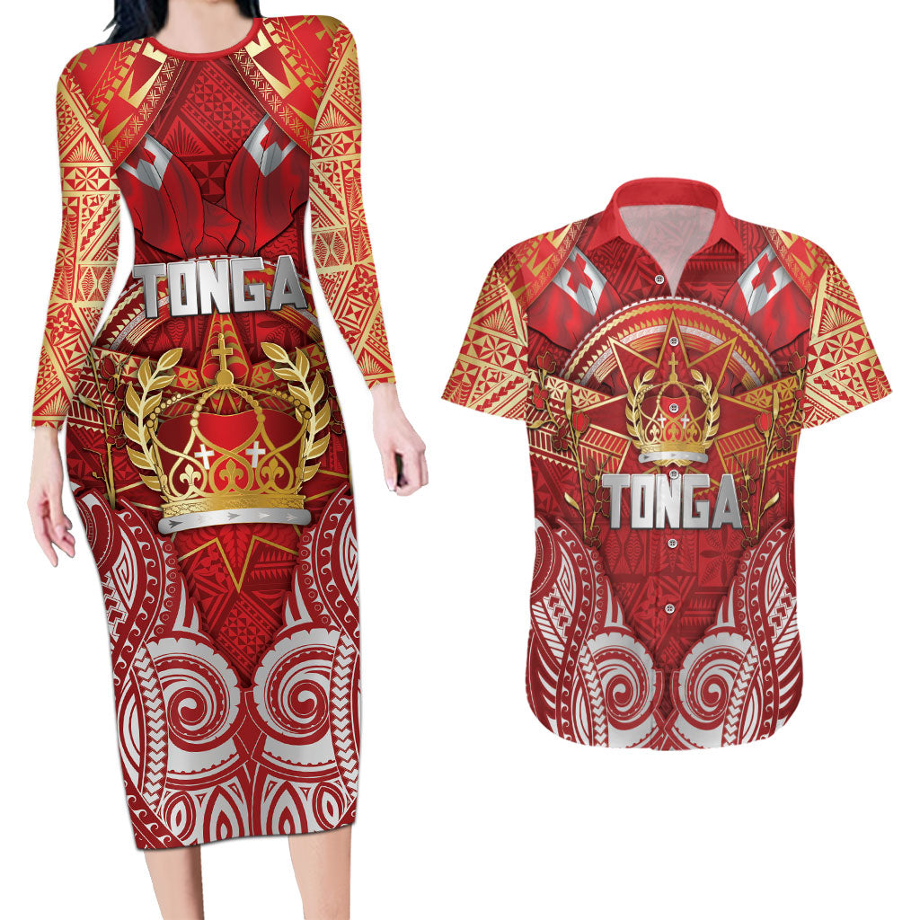 Tonga King's Birthday Couples Matching Long Sleeve Bodycon Dress and Hawaiian Shirt Gold Royal Crown Tribal Patterns DT05 Red - Polynesian Pride
