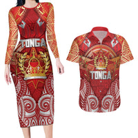Tonga King's Birthday Couples Matching Long Sleeve Bodycon Dress and Hawaiian Shirt Gold Royal Crown Tribal Patterns DT05 Red - Polynesian Pride